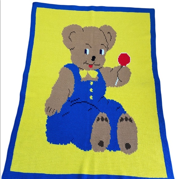 VTG Hand Knitted By Grandma Baby Afghan Blanket 45"x56" Bear Blue 1 Of a kind - Picture 2 of 10